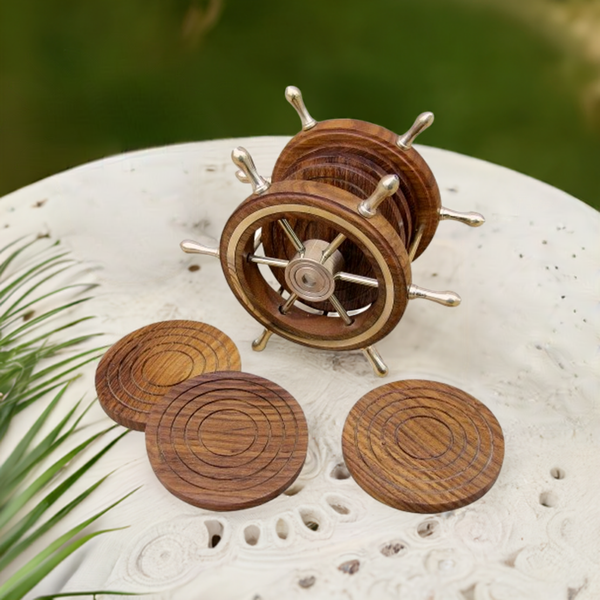 6 posavasos con soporte en forma de volante - madera/latón 