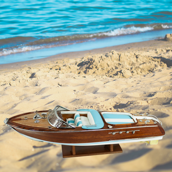 *Skulptur im Motorboot-Stil – Maritimes Deko-Objekt aus Holz, Metall & Leder (51 cm) Luxus Sportbootmodell - maritime-deco