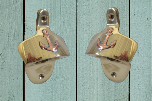 Juego de 2 - abridor de botellas de pared - latón - motivo ancla - marítimo - 9,5X 6X 2,5 cm 