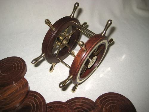 6 posavasos con soporte en forma de volante - madera/latón 