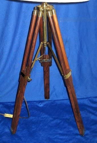 Lámpara de pie - trípode - lámpara trípode - clásico retro de madera y latón, pantalla de tela 