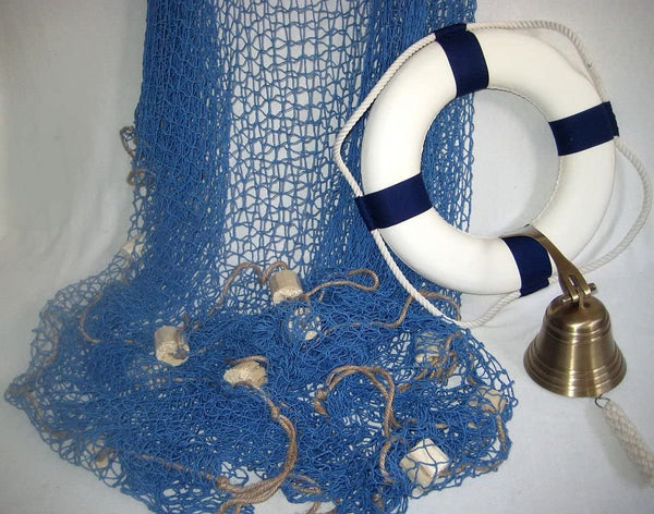 Set pirata - red de pesca con flotadores azul 2,5x 2,5 m, campana de barco, aro salvavidas azul/blanco - decoración marítima 
