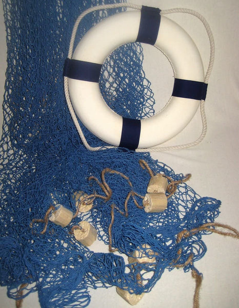 Set pirata - red de pesca con flotadores azul 2,5x 2,5 m, campana de barco, aro salvavidas azul/blanco - decoración marítima 