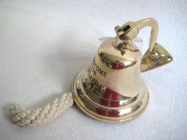 Große, leichte Schiffsglocke- mit Gravur Welcome ON Board- aus Messing mit Halterung und Bändsel