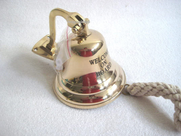 Große, leichte Schiffsglocke- mit Gravur Welcome ON Board- aus Messing mit Halterung und Bändsel