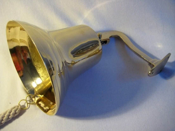 Große, leichte Schiffsglocke- mit Gravur BIENVENUE A Bord- aus Messing mit Halterung und Bändsel