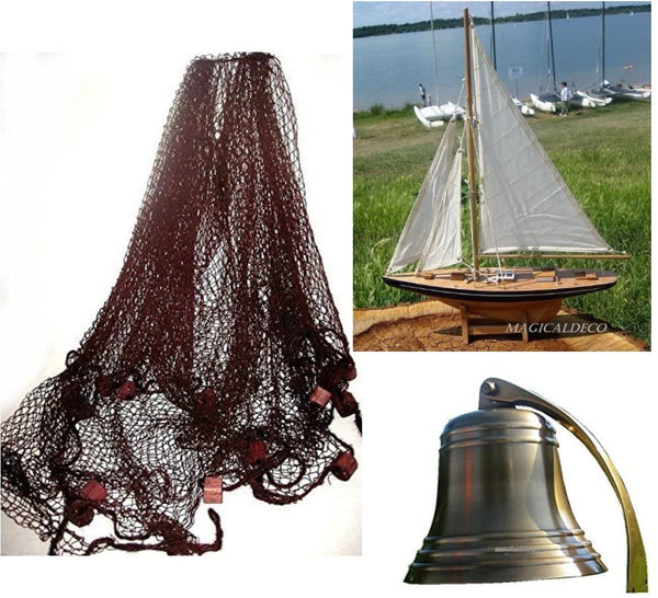 Set de regalo compuesto por yate de vela, campana de barco grande resistente al deslustre + red de pesca marrón 