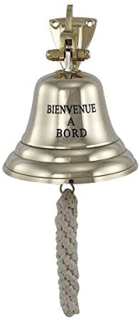 Preciosa campana de barco - con grabado BIENVENUE A a bordo - de latón con soporte y cinta 