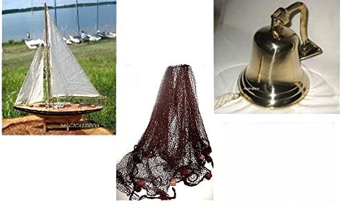 Set de regalo compuesto por yate de vela, campana de barco grande + red de pesca marrón XL de 3,4 m 
