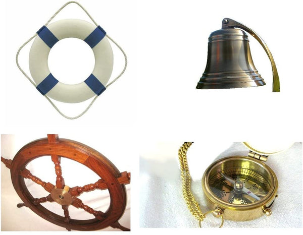 Juego de 4 - regalo/juego pirata - campana de barco, aro salvavidas de 20 cm, volante de 45 cm, campana de barco de 40 cm, brújula de bolsillo de latón 
