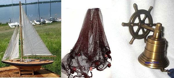 Set de regalo compuesto por yate de vela, campana de barco pequeño con volante + red de pesca XL de 3,4 m 