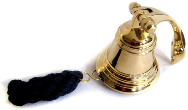 Campana de barco pequeña de latón macizo con soporte y cinta 