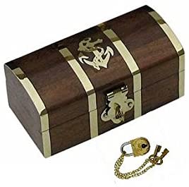 Pequeña caja/cofre del tesoro marítimo de madera - 10x 5x 4,5 cm - aplicaciones de latón + cerradura con 2 llaves 