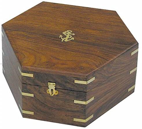 Maritime Holzkiste/Truhe/Schatzkiste - Messingscharniere-30 cm- sechseckig- auch für Sextant