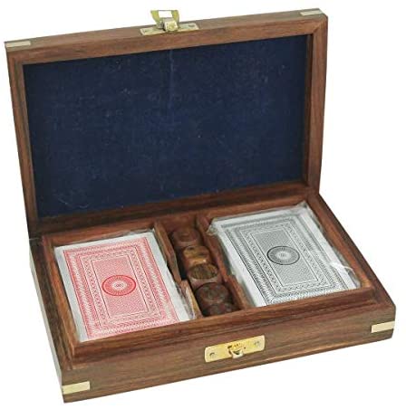 Doble baraja de cartas + dados en caja decorativa de madera con incrustaciones de latón 