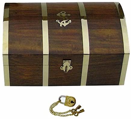 Caja marítima de madera - ancla - bisagras de latón + cerradura con 2 llaves - 14 cm 