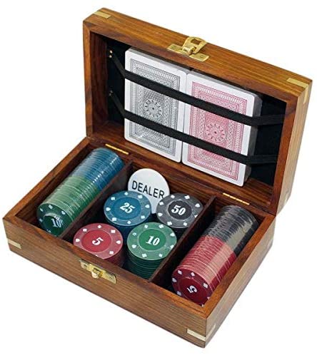 Pokerspiel in Holzbox mit Messingintarsien