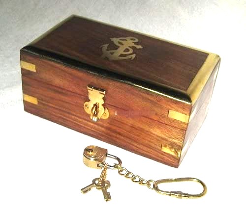 Maritime Holzkiste- Anker- Messingscharniere+ kleines Schloss mit 2 Schlüsseln - 18 cm