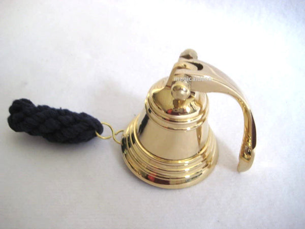 Campana de barco pequeña de latón macizo con soporte y cinta 