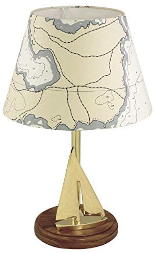 Lámpara de mesa de latón macizo/madera - pantalla carta náutica H 50 cm - yate de vela 