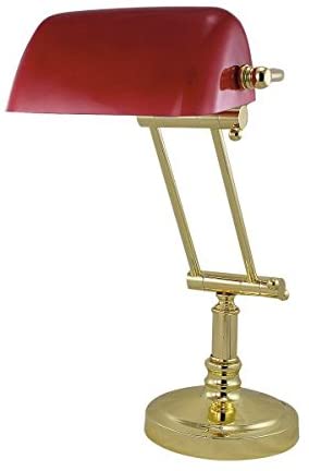 Schreibtisch/Bankierslampe Messingfuß mit Kniegelenk H. bis max. 45 cm- mit Glasschirm rot- schwenkbar