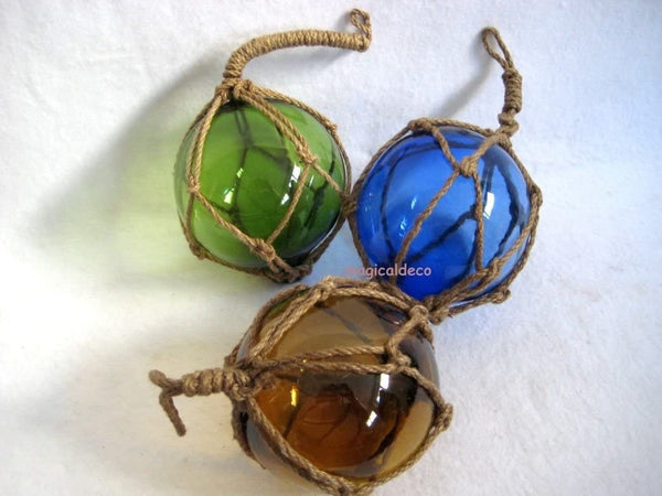 3 x bolas de pesca grandes en una red - azul, verde, ámbar (marrón) - 17,5 cm 