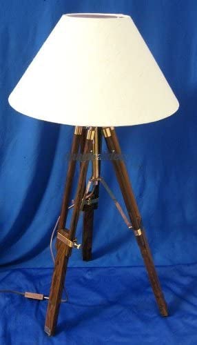 Stativlampe- Stehlampe- Tripod- Dreibeinlampe- Retro Klassiker aus Holz und Messing, Stoffschirm
