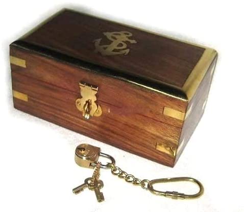 Pequeña caja marítima de madera - ancla - bisagras de latón + cerradura con 2 llaves - 10 cm 