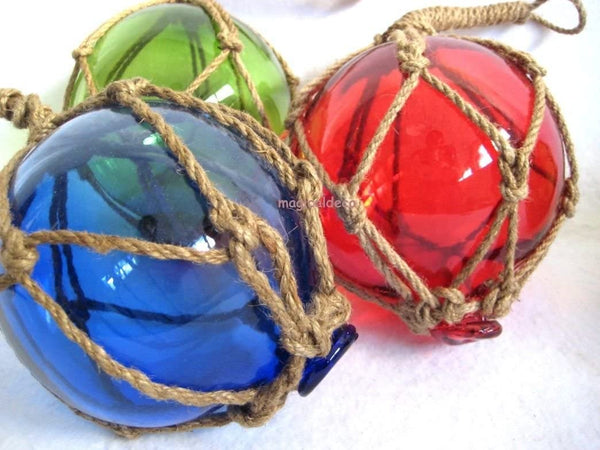 3 X kleine Fischerkugel im Netz- rot, grün, blau- Maritime Deko- 7,5 cm - maritime-deco