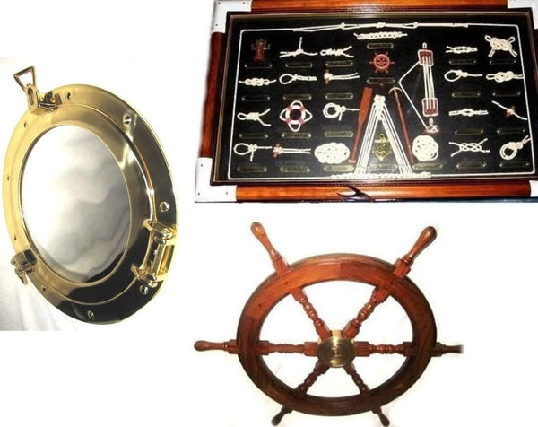 Spiegel-Bullauge-oeffnen-20-cm-Steuerrad 45 cm+Große Knotentafel-englisch - maritime-deco
