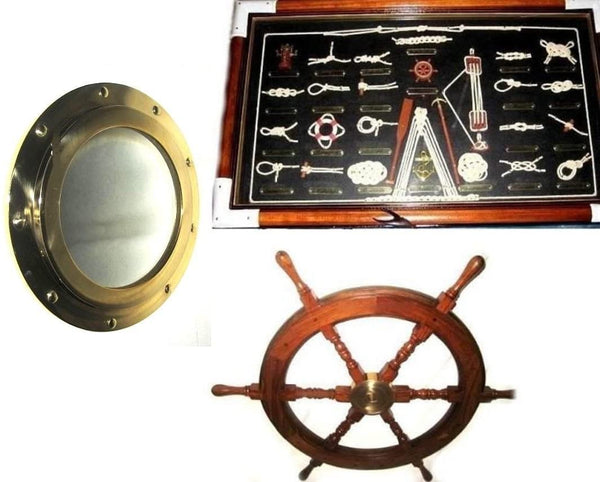 Spiegel-Bullauge-30-cm-Steuerrad 45 cm+Große Knotentafel-französisch - maritime-deco