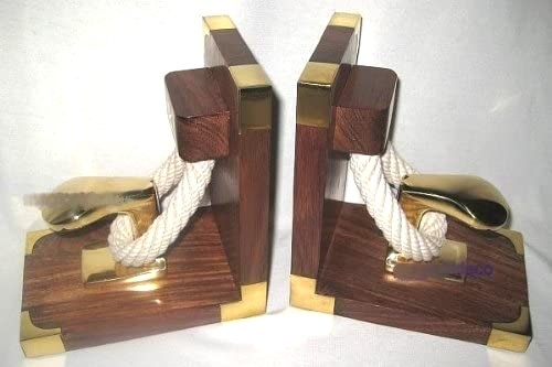 Sujetalibros exclusivos de madera/latón con bolardos y cuerda - macizo - 1900 g 