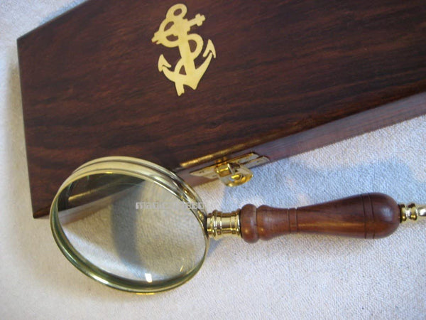 Große Leselupe, Vergrößerungsglas - Lupe aus Messing und Holzgriff incl. Holzschatulle - maritime-deco