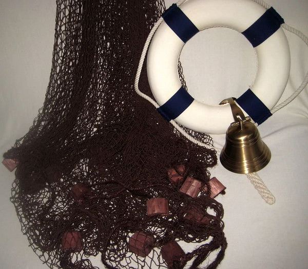 Set pirata - red de pesca con flotadores marrones 2,5x 2,5 m, campana de barco, aro salvavidas azul/blanco 30 cm - decoración marítima 