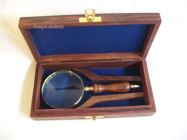 Große Leselupe, Vergrößerungsglas - Lupe aus Messing und Holzgriff incl. Holzschatulle - maritime-deco
