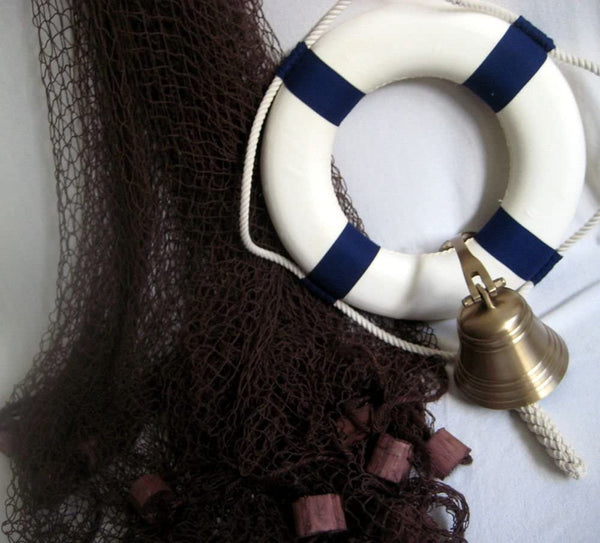 Set pirata - red de pesca con flotadores marrones 2,5 x 2,5 m, campana de barco, aro salvavidas azul/blanco - decoración marítima 