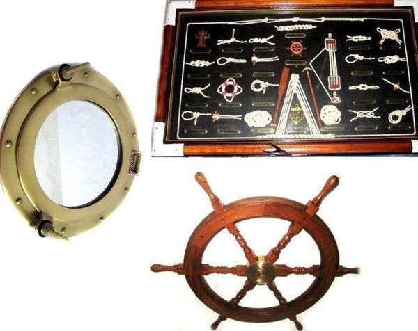 Spiegel-Bullauge-oeffnen-28-5-cm-Steuerrad-45-cm-Grosse-Knotentafel-englisch - maritime-deco