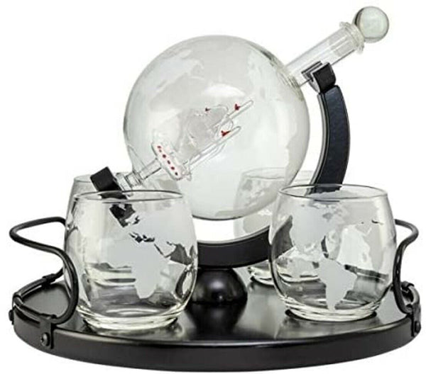 Barco en botella - jarra en forma de globo - mapamundi + 4 vasos - soporte de madera