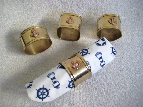4er Set maritime Serviettenringe aus Messing + 20 Servietten Leuchtturm, Steuerrad, Anker - maritime-deco