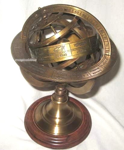 Globus-Armillarsphäre aus Alt-Messing- anlaufgeschützt- auf Holzsockel- 22 cm- sehr EDEL - maritime-deco