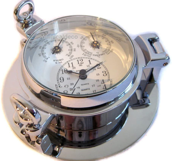 Reloj higro/termómetro+ en forma de ojo de buey de latón macizo 2000 g, cromado - diámetro 14 cm 