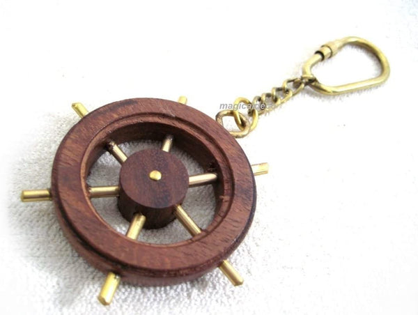 Schlüsselanhänger/Ring - maritim- Holz, Messing- Karabiner- Steuerrad