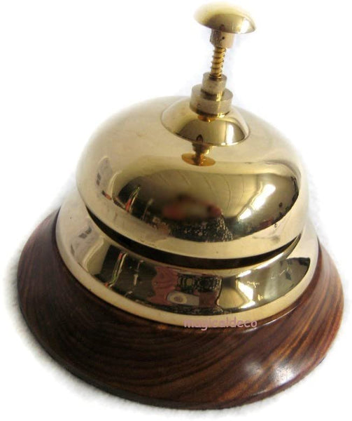 Campana de mesa mesa de servicio gong campana de hotel, latón sobre madera 