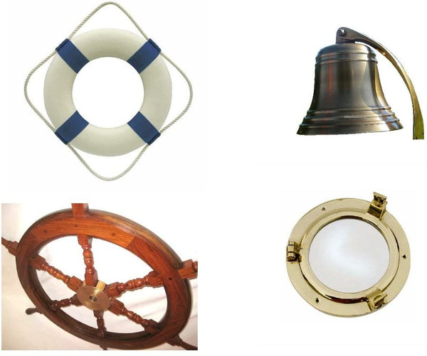 Juego de 4 - regalo/juego pirata - aro salvavidas de 30 cm, volante de 45 cm, campana de barco de 10 cm, espejo de ojo de buey de latón 