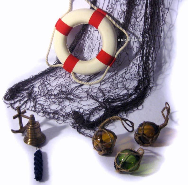 Juego de 6 marítimos - 3X bolas de pesca de 10 cm, campana de barco, red de pesca 2X 1 m - aro salvavidas de 14 cm 