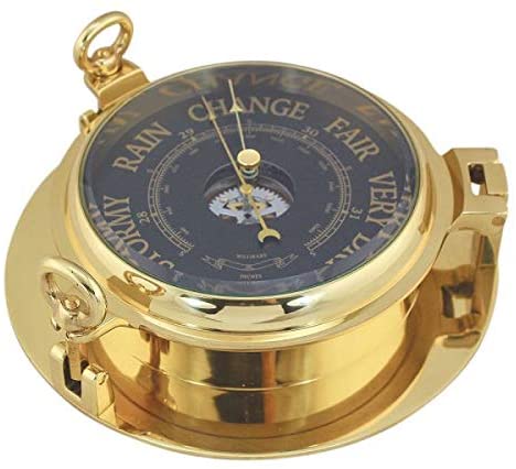 Barómetro en forma de ojo de buey - latón, diámetro 22,5 cm - esfera negra 