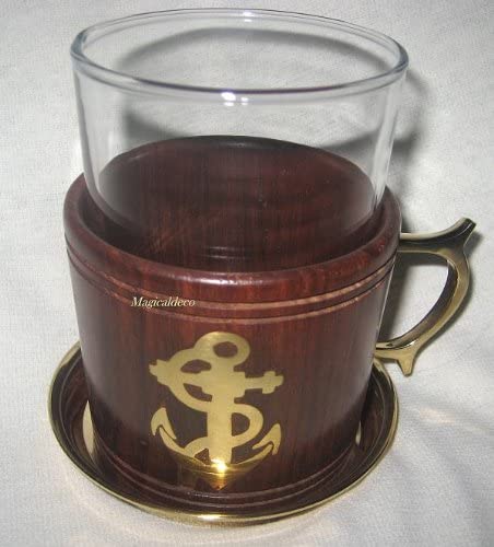 Vaso de grog/vaso de té, latón marítimo, madera y vidrio con motivo de ancla posavasos 