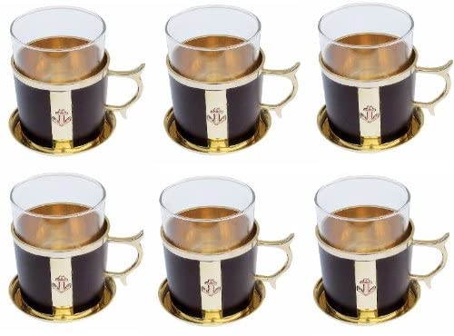 Juego de 6 vasos de grog/vaso de té de latón marítimo, cuero, cristal con motivo de ancla posavasos 