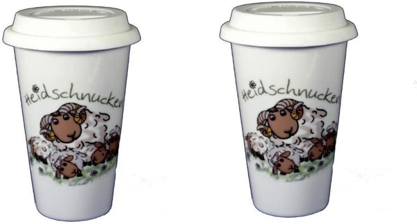 2 piezas - Porcelana - Café para llevar con tapa - Heidschnucken - Diseño de producto alemán - ¡Por el bien del medio ambiente! 