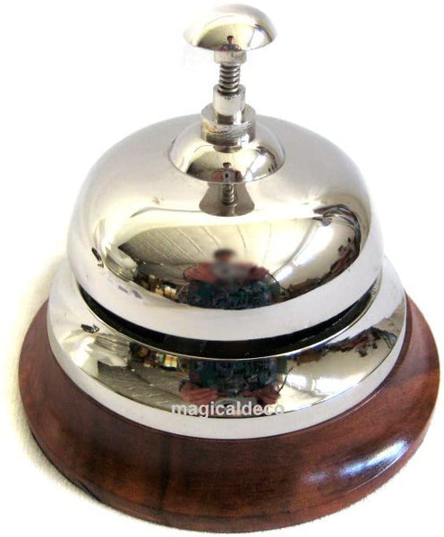 Rezeption- Empfang- Thekenklingel- Service-Tischgong-Hotelglocke, vernickelt auf Holz